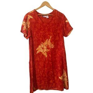 La Cera Women's Red Tropical Hawaiian Floral Dress Midi LRG Pullover Short Slv
